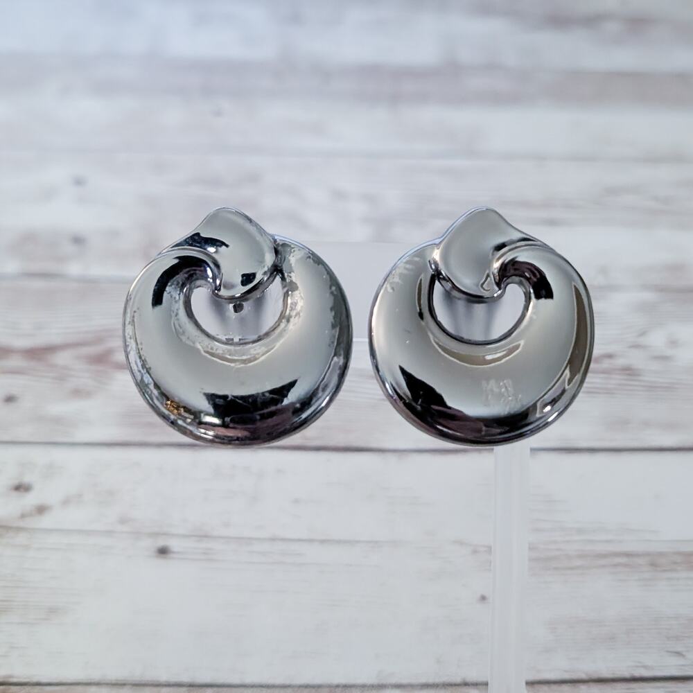 Vintage Clip On Earrings Large Dark Metallic Statement 1.5" - Marks & Scuffing